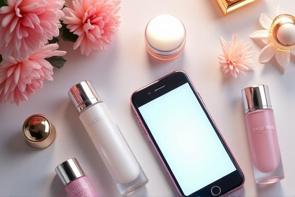 化粧品とスマートフォンのフラットレイ